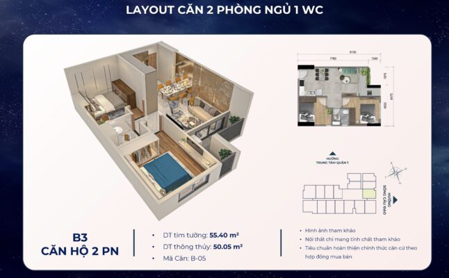 thiet ke layout 2pn 55m2 deluxe thap mika can ho khai hoan prime