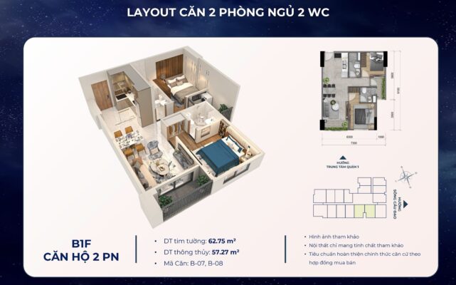 thiet ke layout 2pn 63m2 deluxe thap mika can ho khai hoan prime