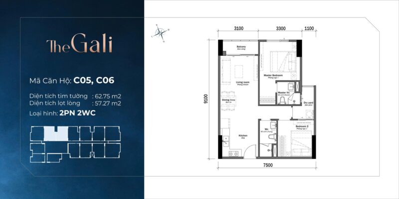 layout can ho 2pn 63m2 thap the gali khai hoan prime